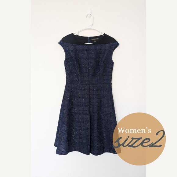 Cynthia Steffe Navy Blue and Black Sequined Tweed A-line Dress - Picture 1 of 10